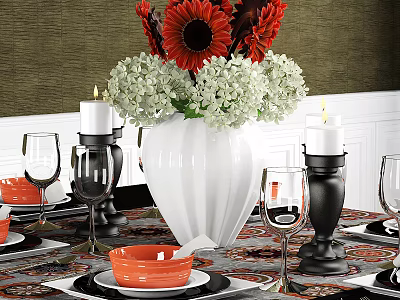 Elegant Tableware Set With Floral Vase Candles Wine Glasses And Orange Bowls On Dining Table 3d model