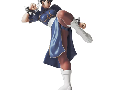 Artistic Action Figure Sculpture In Blue Outfit With White Boots And Kicking Pose 3d model