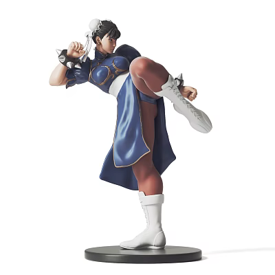 Artistic Action Figure Sculpture In Blue Outfit With White Boots And Kicking Pose 3d model