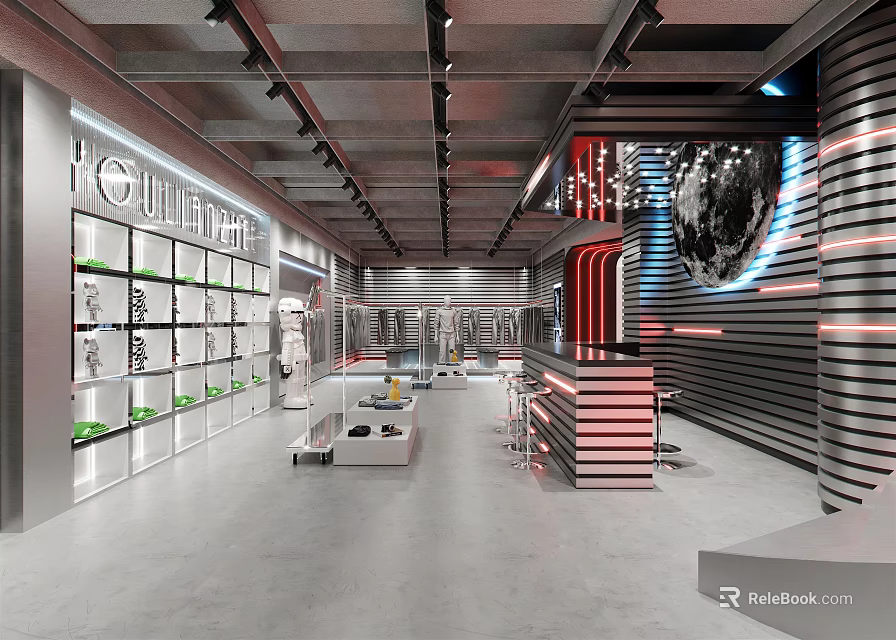 Modern Clothing Store Interior With Display Racks Mannequins And LED Lighting Design 3d model 