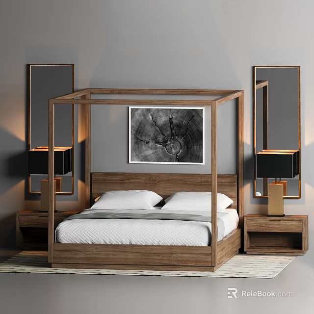 Wooden Four Poster Double Bed With Bedside Tables Table Lamps Wall Mirrors And Abstract Painting 3d model 