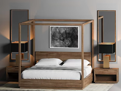 Wooden Four Poster Double Bed With Bedside Tables Table Lamps Wall Mirrors And Abstract Painting 3d model
