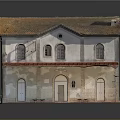 Vintage Two Story Building Model With Red Roof Arched Windows And White Walls