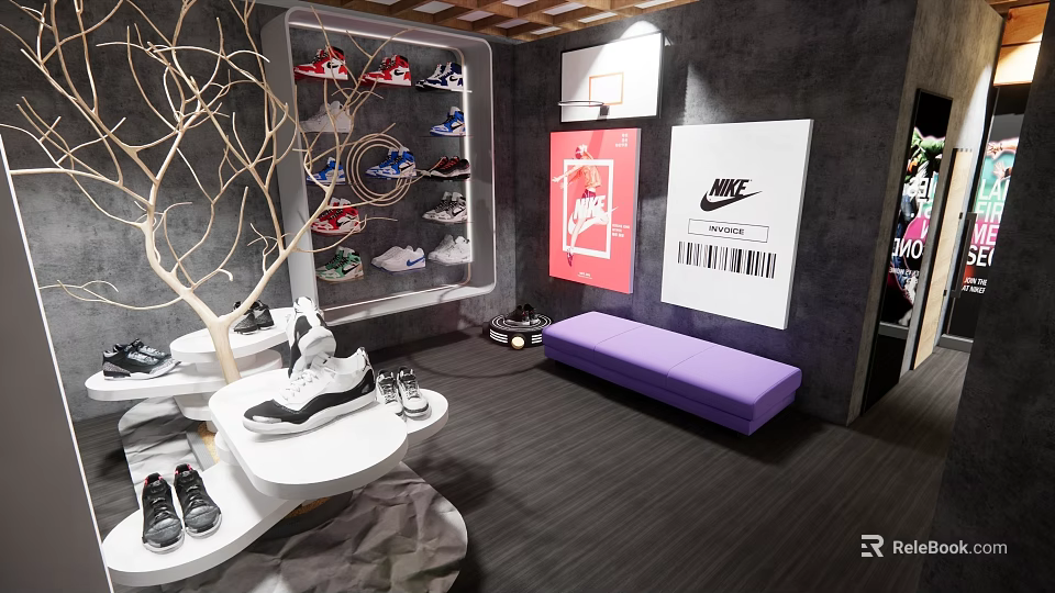 Sneaker Store Interior With Display Shelves Various Shoes Nike Posters Purple Bench And White Tables 3d model 