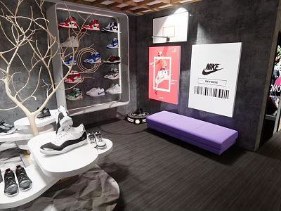Sneaker Store Interior With Display Shelves Various Shoes Nike Posters Purple Bench And White Tables 3d model