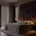 Cozy Bedroom With Dark Wooden Walls Bedside Lamps Window Trees View And Light Curtains