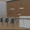 Modern Open Kitchen Dining Table Set With Beige Chairs And Marble Island 3d model