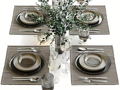 Elegant Dining Table Setting With Striped Placemats Plates Greenery And Glassware 3d model