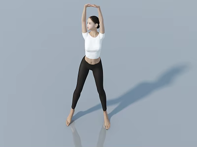 Woman Doing Yoga Pose With Arms Stretched Upwards In White Top And Black Leggings 3d model