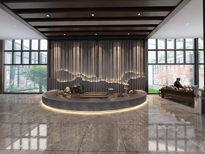 Modern Front Desk Reception With Wooden Panel Wall Round Desk Marble Floor And Large Windows 3d model