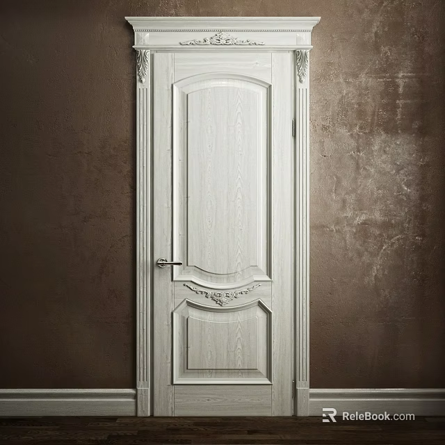 White Hinged Door with Decorative Patterns and Columns on Dark Textured Wall 3d model