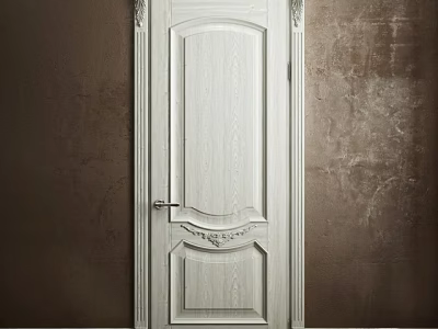 White Hinged Door with Decorative Patterns and Columns on Dark Textured Wall 3d model