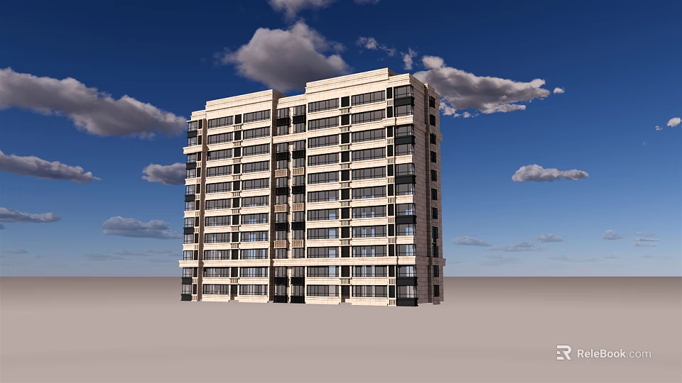 Modern High Rise Apartment Building Exterior With Blue Sky And White Clouds 3d model 