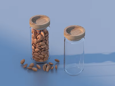 Fresh Almonds Stored In Glass Jars With Wooden Lids And Scattered Nuts 3d model