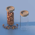 Fresh Almonds Stored In Glass Jars With Wooden Lids And Scattered Nuts