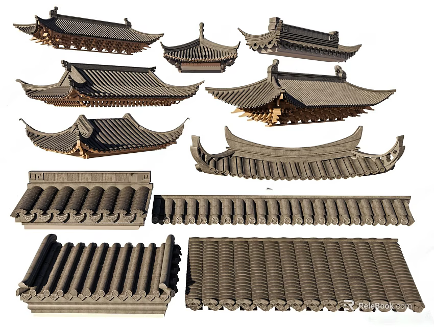 Traditional Building Exterior With Various Roof Tile Styles And Eave Designs 3d model 