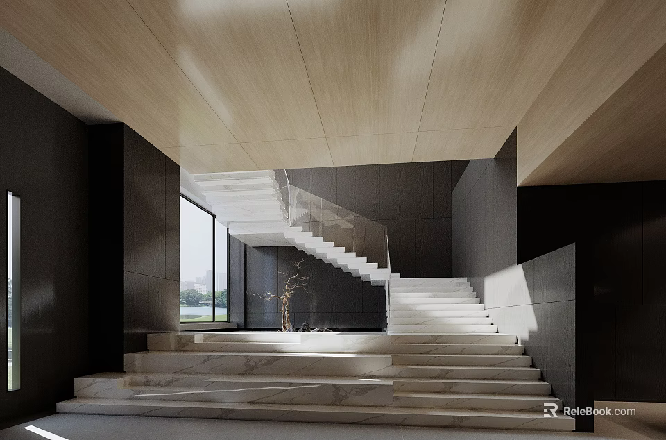 Modern Staircase Interior With Wooden Ceiling Marble Steps And Glass Railing 3d model