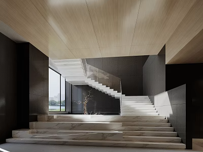 Modern Staircase Interior With Wooden Ceiling Marble Steps And Glass Railing 3d model