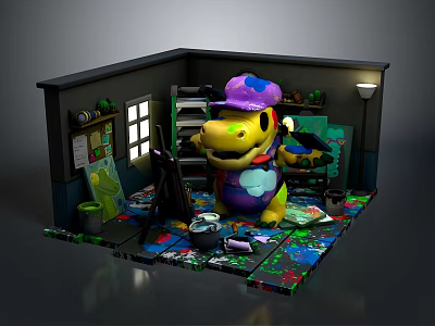Cartoon Art Studio Scene With Yellow Character Purple Hat Easel Paint Palette Colorful Floor Plants 3d model
