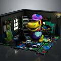 Cartoon Art Studio Scene With Yellow Character Purple Hat Easel Paint Palette Colorful Floor Plants