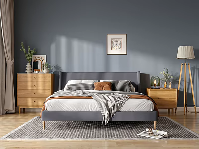 Gray Bedroom Interior With Gray Walls Bed Wooden Furniture Floor Lamp Rug Artwork And Plants 3d model