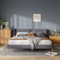 Gray Bedroom Interior With Gray Walls Bed Wooden Furniture Floor Lamp Rug Artwork And Plants