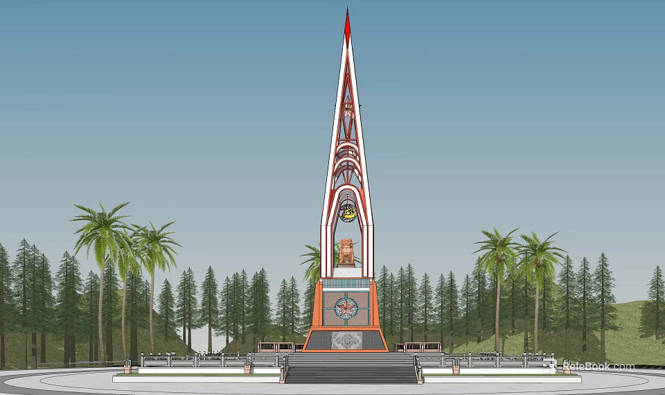 Tall Spire Tower With Decorative Base Surrounded By Palm Trees And Green Forest 3d model 