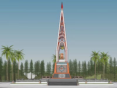 Tall Spire Tower With Decorative Base Surrounded By Palm Trees And Green Forest 3d model