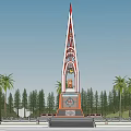 Tall Spire Tower With Decorative Base Surrounded By Palm Trees And Green Forest