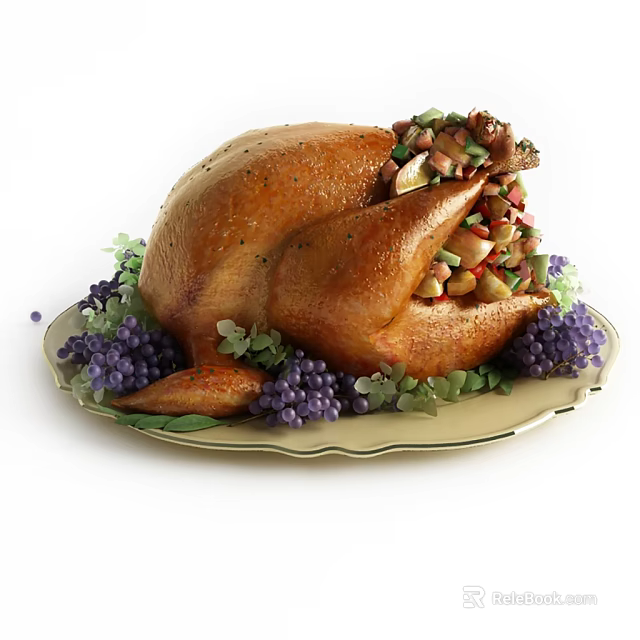 Delicious Roasted Turkey on a Platter Garnished with Fresh Green Leaves and Purple Grapes 3d model 