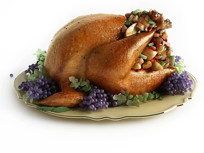 Delicious Roasted Turkey on a Platter Garnished with Fresh Green Leaves and Purple Grapes 3d model