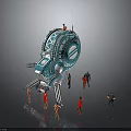 Futuristic Blue Spacecraft Module With Astronaut Team Conducting Maintenance Checks