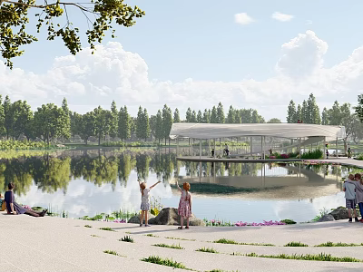 Scenic Park Landscape With Lake Reflection Green Trees Pavilion Grass And Flowers 3d model