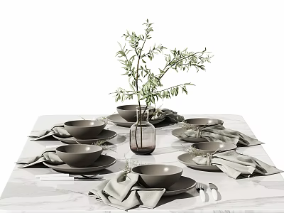 Stylish Dinnerware Set With Gray Plates Bowls Linen Napkins Glass Vase Greenery On Marble Table 3d model