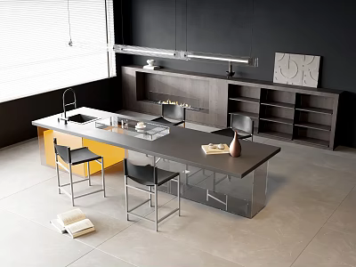 Modern Open Concept Kitchen With Sleek Island Bar Counter And Black Chairs 3d model