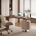 Modern Office Desk Interior With Ergonomic Chair Laptop Potted Plant Bookshelf And Window Blinds