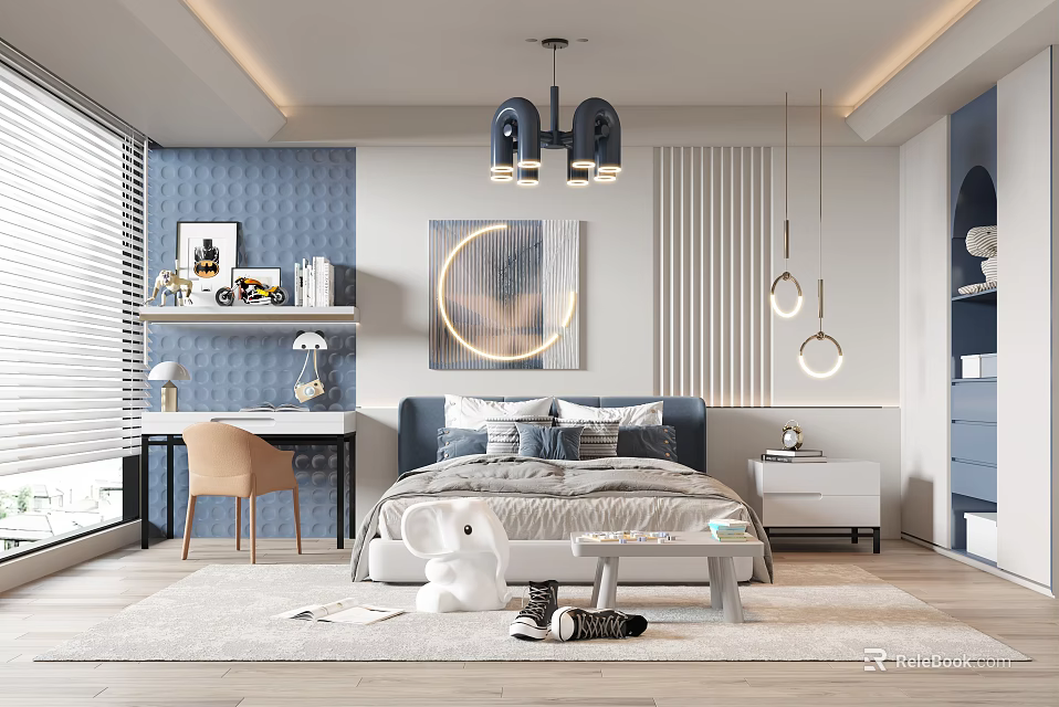 Modern Kids Bedroom Interior With Bed Wall Art And Study Desk 3d model 