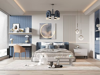 Modern Kids Bedroom Interior With Bed Wall Art And Study Desk 3d model