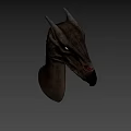 Game Fantasy Character Black Dragon Head With Glowing Eyes Horns And Scaly Texture
