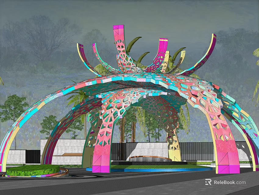 Colorful Modern Pergola With Arched Structure And Hollow Details In Outdoor Green Space 3d model 