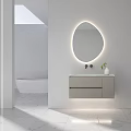 Modern Bathroom Cabinet with Illuminated Round Mirror and Sleek Marble Countertop Design