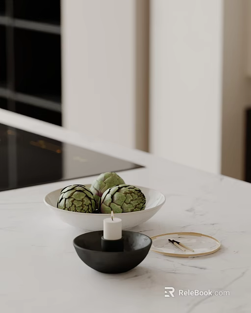 Decorative Ornament Set with White Bowl Artichokes Black Dish Candle and Golden Plate 3d model 