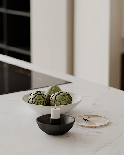 Decorative Ornament Set with White Bowl Artichokes Black Dish Candle and Golden Plate 3d model