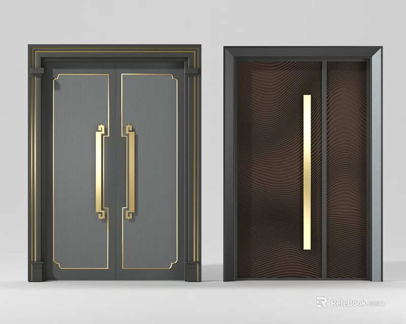 Modern Double Doors with Gray Frames Golden Handles and Brown Wavy Texture 3d model 