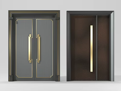 Modern Double Doors with Gray Frames Golden Handles and Brown Wavy Texture 3d model