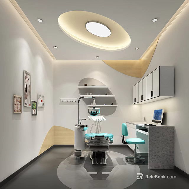 Modern Dental Clinic Interior Design Featuring Treatment Chair Blue Chairs Computer Cabinets And Decorations 3d model 