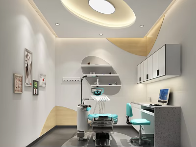 Modern Dental Clinic Interior Design Featuring Treatment Chair Blue Chairs Computer Cabinets And Decorations 3d model