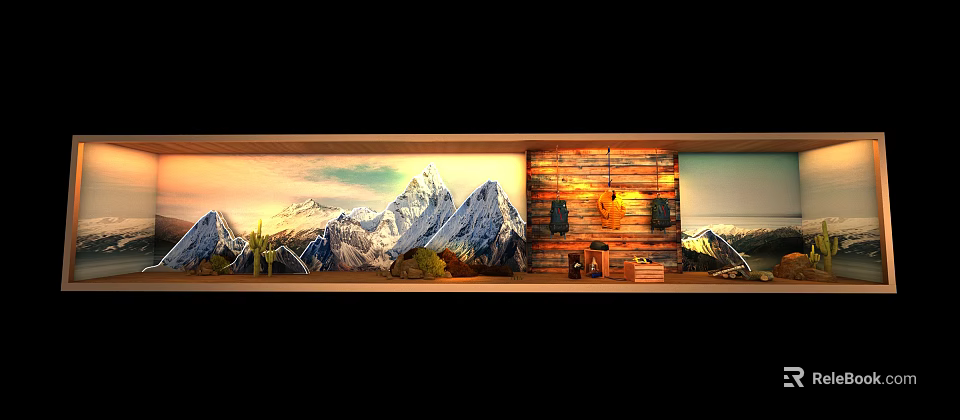 Rustic Interior With Mountain Mural Wooden Wall And Decorative Cactus Elements 3d model