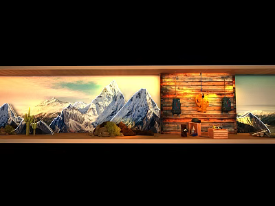 Rustic Interior With Mountain Mural Wooden Wall And Decorative Cactus Elements 3d model