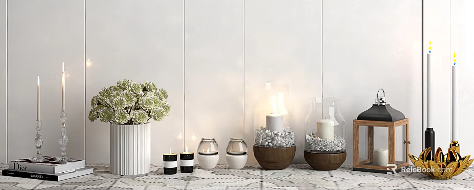 Decorative Candle Lamps with Glass Covers Wooden Bases and Floral Vase Accents 3d model 